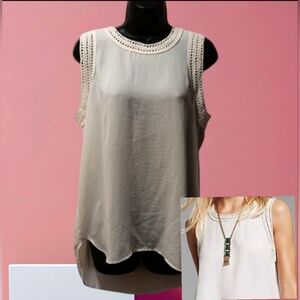 CAbi Cream Sleeveless Blouse with Crochet Trim